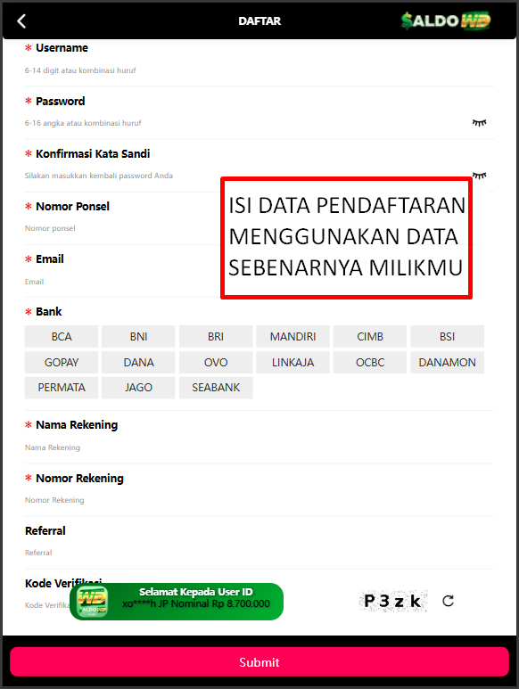 Gambar panduan langkah-langkah pendaftaran akun SALDOWD Gambar panduan langkah-langkah pendaftaran akun SALDOWD